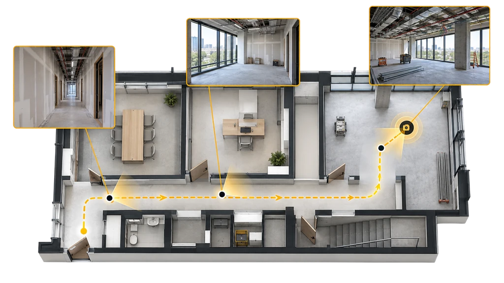 Interior plan with an amber walking route and connected field photos.